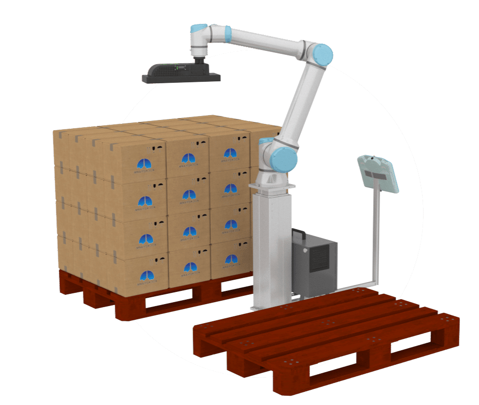 Illustration of cobot palletizing solution from Rocketfarm